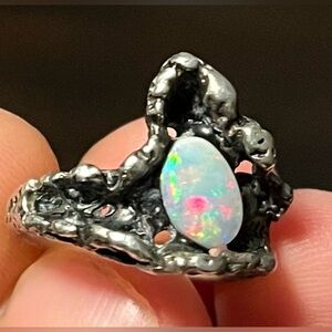 Vintage Brutalist Sterling Silver Opal Ring Size 5.75